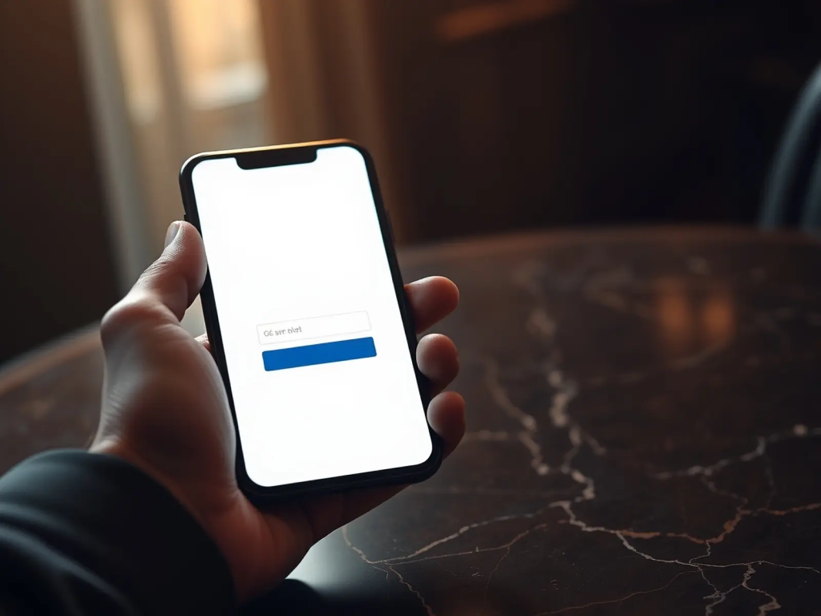 Smartfon z ekranem logowania na ciemnym marmurowym stole